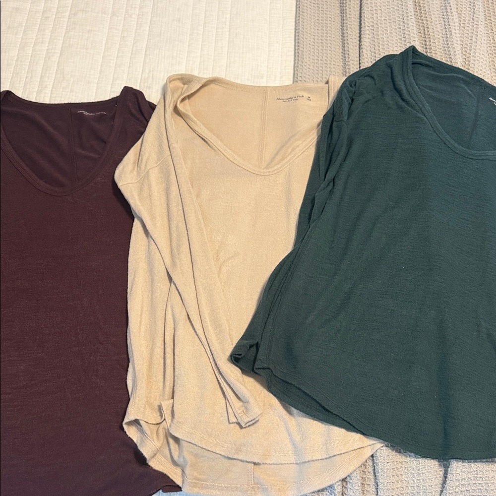 Set of Three Long Sleeve Tops in Burgundy, Beige, and Dark Green
